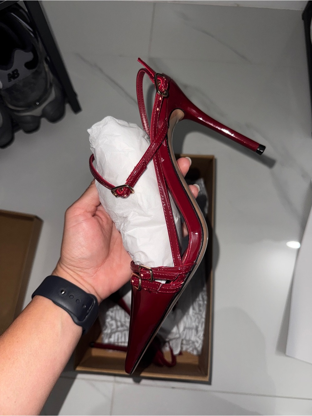Steve Madden Red Patent Pointed Toe Stiletto Heels with Ankle Straps